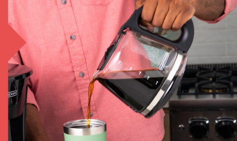The sturdy 12-cup* carafe has measurement markings for accurate filling and an easy-grip handle for comfortable pouring.